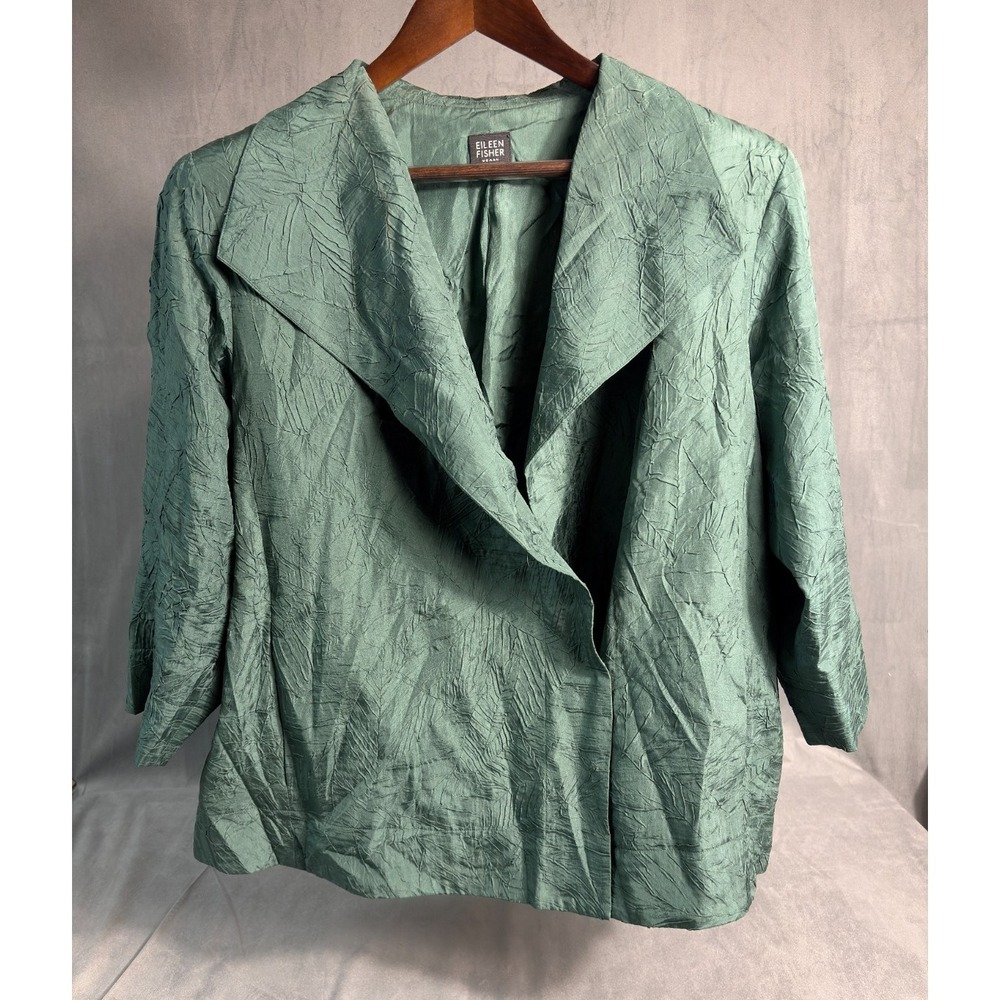 Eileen Fisher Green Crinkle Silk Blouse Wrap Shirt  Capsule Luxury Lagenlook  2X